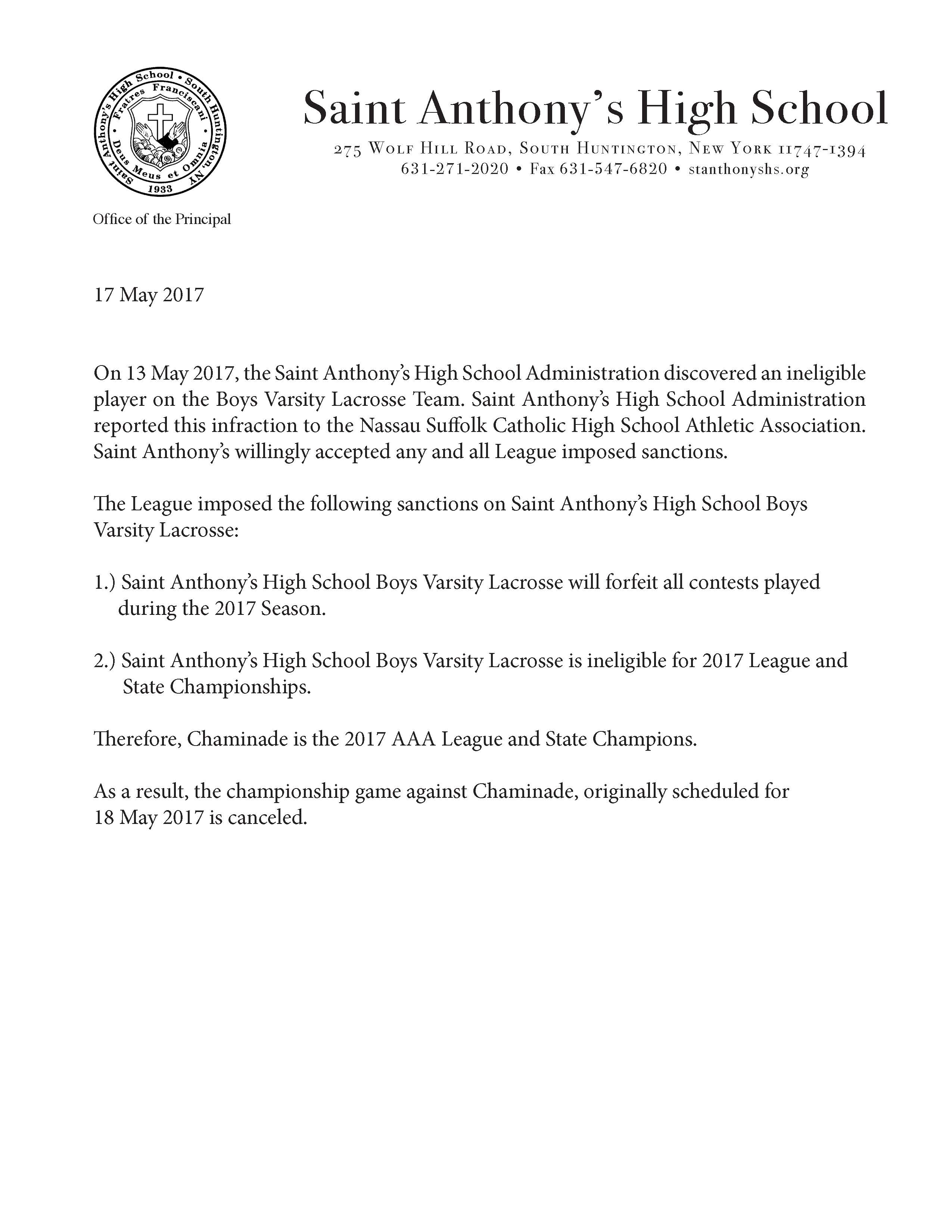 Varsity Lacrosse Announcement - St. Anthony's High School